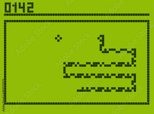 Mobile iconic retro game concept. Pixel snake on green cell phone screen. Classic game vector design.