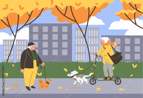 Active senior people walking with dogs and riding electric scooter on autumn city landscape vector cartoon illustration
