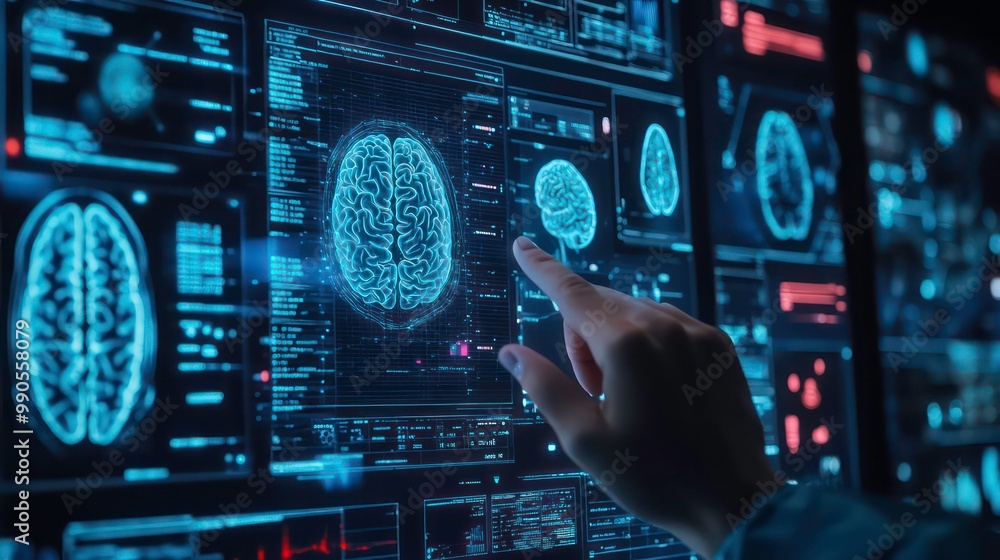A hand reaches out to touch a digital brain scan displayed on a futuristic computer screen with multiple screens. A hand reaches out to touch a digital brain scan displayed on a futuristic computer screen with multiple screens.