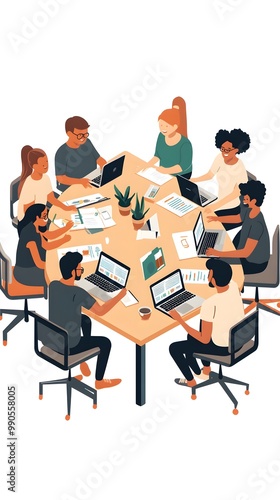 Cartoon-style flat illustration of a group of people working together in an office, sitting at a long table with laptops and papers on it