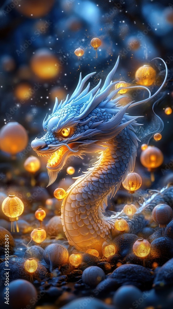 Fototapeta premium Chinese dragon breathing fire in a mystical forest filled with lanterns