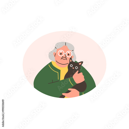 Elderly woman hugs a black cat, vector cartoon senior owner with adorable kitten, animal care love pet friend oval frame