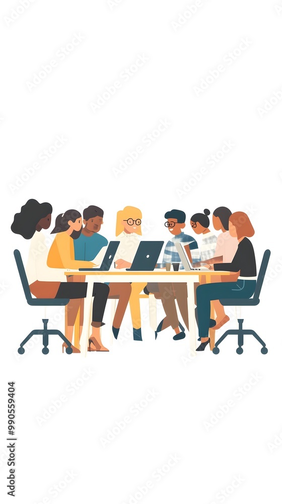 Cartoon-style flat illustration of a group of people working together in an office, sitting at a long table with laptops and papers on it Cartoon-style flat illustration of a group of people working together in an office, sitting at a long table with laptops and papers on it
