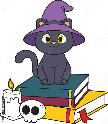 Cartoon cute witch cat vector illustration