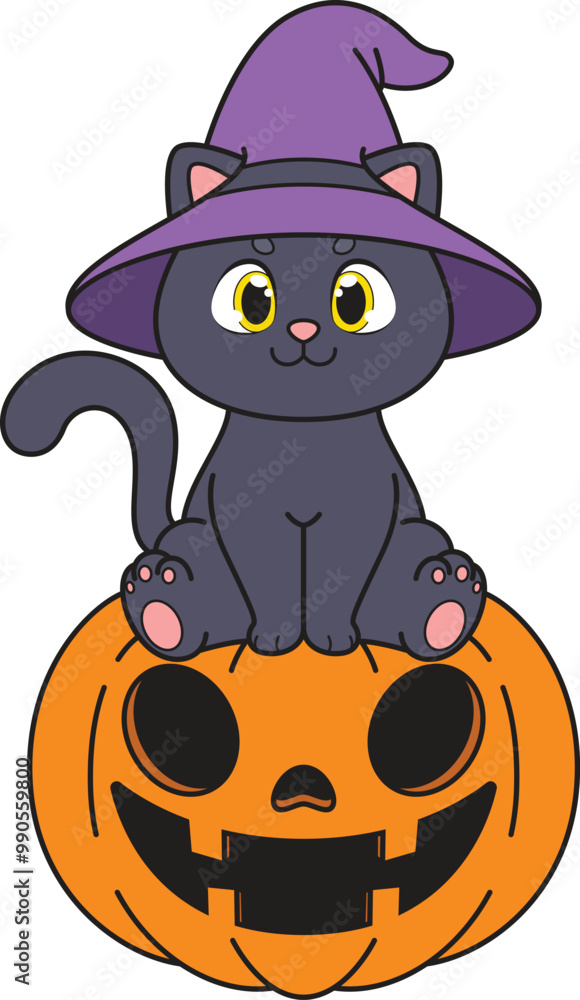 Obraz premium Cartoon halloween cat on pumpkin vector illustration