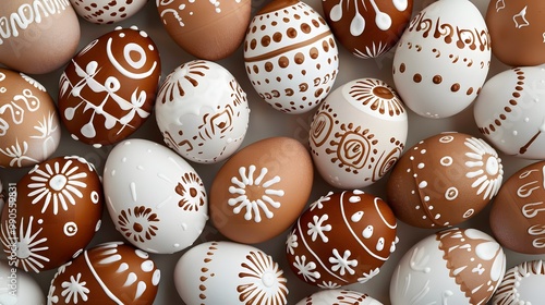 Creative Easter card with a flat lay display of intricately designed brown and white handmade eggs, arranged beautifully to convey holiday cheer photo