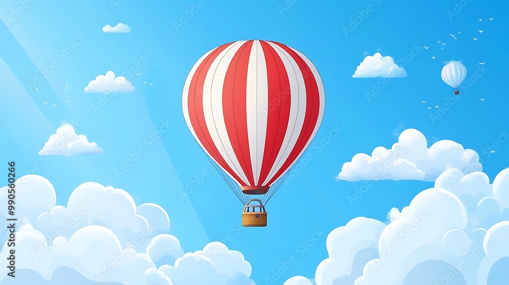 Fototapeta premium Red Hot Air Balloon Soaring Through Fluffy Clouds
