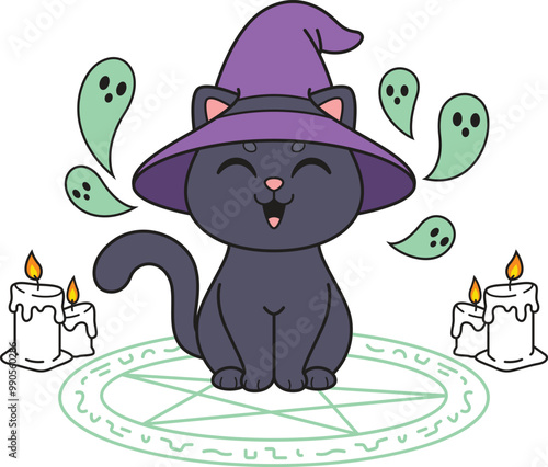 Cartoon witch cat casting spell vector illustration