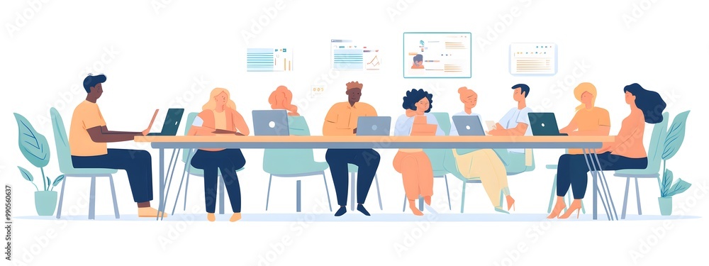 Cartoon-style flat illustration of a group of people working together in an office, sitting at a long table with laptops and papers on it Cartoon-style flat illustration of a group of people working together in an office, sitting at a long table with laptops and papers on it