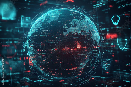 A 3D digital globe surrounded by layers of floating firewalls. Generative AI