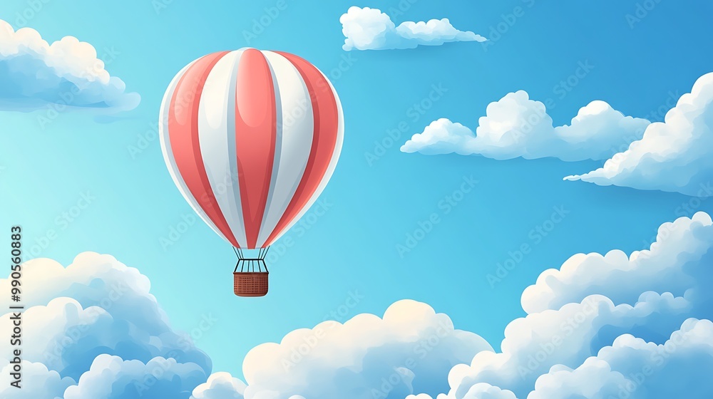 Fototapeta premium Red Hot Air Balloon Soaring Through Fluffy Clouds