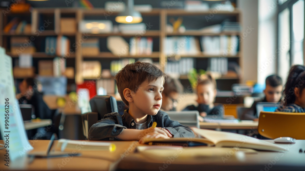 A young boy gazes thoughtfully in a classroom filled with books and fellow students working. The student appears focused and engaged in learning. Student preparing for lectures or exams. A young boy gazes thoughtfully in a classroom filled with books and fellow students working. The student appears focused and engaged in learning. Student preparing for lectures or exams.