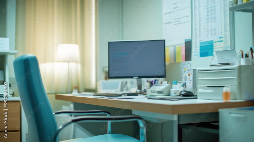 A modern office desk with a computer, lamp, and various office supplies. A modern office desk with a computer, lamp, and various office supplies.