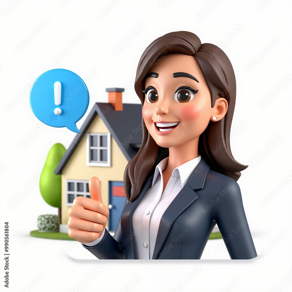 3D cartoon real estate agent with a speech bubble next to a house. Professional and friendly real estate service concept with vibrant colors.
3D cartoon real estate agent with a speech bubble next to a house. Professional and friendly real estate service concept with vibrant colors.