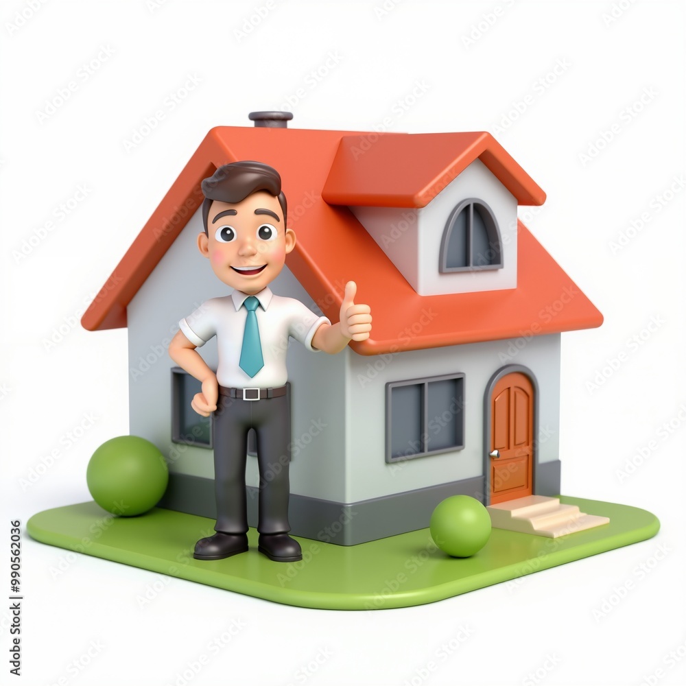 Cartoon real estate agent giving a thumbs up next to a small house. Friendly and confident character for real estate marketing, property sales, and housing-related themes.
Cartoon real estate agent giving a thumbs up next to a small house. Friendly and confident character for real estate marketing, property sales, and housing-related themes.