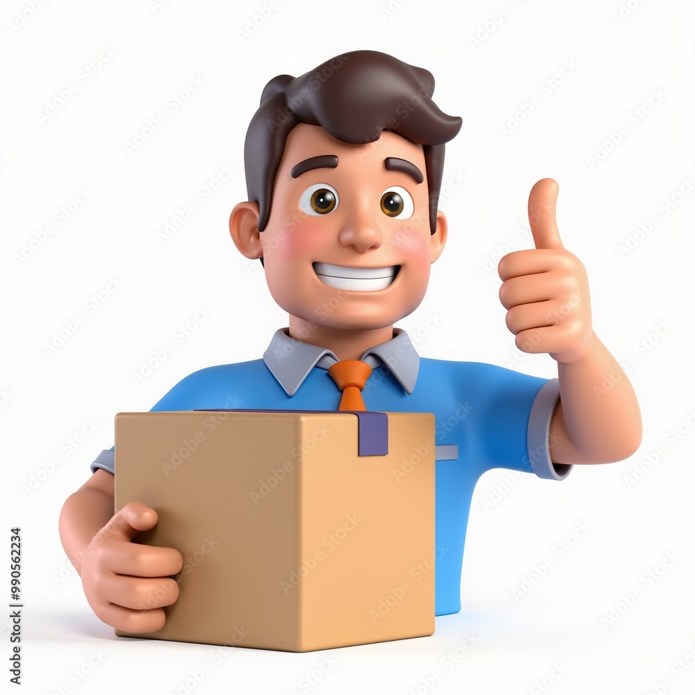 3D cartoon character holding a cardboard box with a thumbs-up gesture, symbolizing successful delivery, courier service, or shipping. Ideal for e-commerce and logistics visuals.
3D cartoon character holding a cardboard box with a thumbs-up gesture, symbolizing successful delivery, courier service, or shipping. Ideal for e-commerce and logistics visuals.