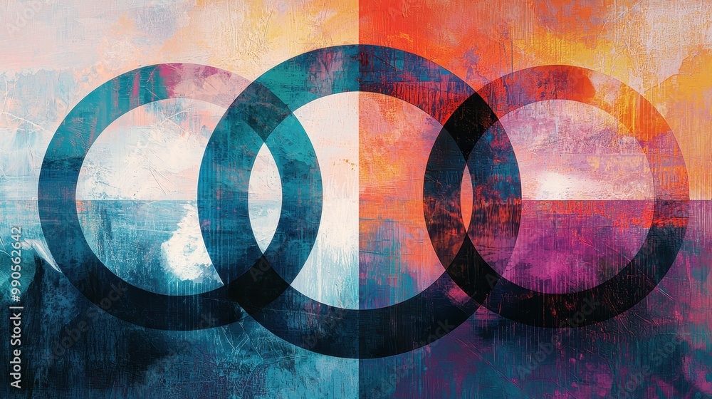 An abstract poster design featuring three translucent overlapping ...