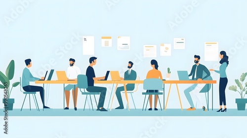 Cartoon-style flat illustration of a group of people working together in an office, sitting at a long table with laptops and papers on it