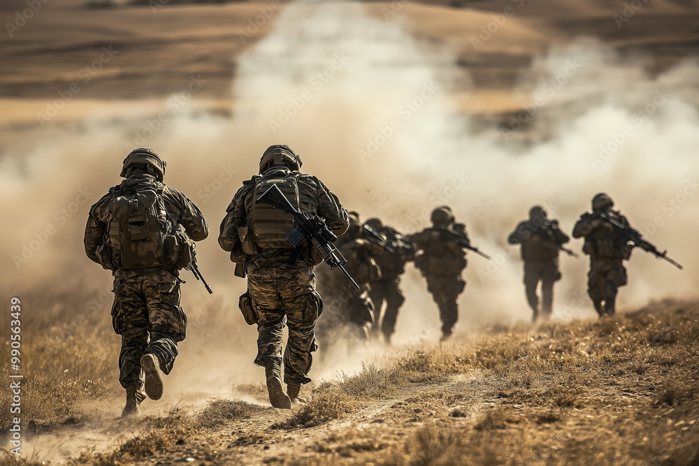 Middle Eastern regional conflicts, evolving military tactics.A large group of soldiers in uniforms is running through a dusty dirt field Middle Eastern regional conflicts, evolving military tactics.A large group of soldiers in uniforms is running through a dusty dirt field