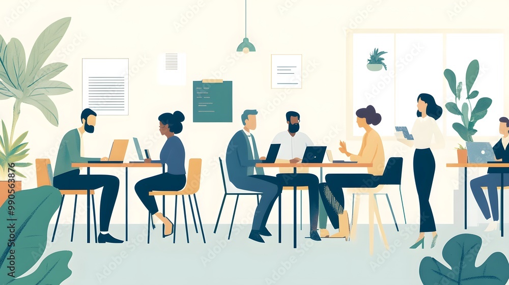 Cartoon-style flat illustration of a group of people working together in an office, sitting at a long table with laptops and papers on it Cartoon-style flat illustration of a group of people working together in an office, sitting at a long table with laptops and papers on it
