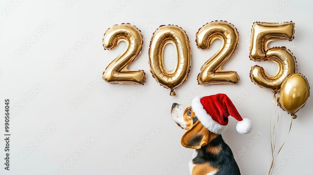 Fototapeta premium A cheerful beagle puppy in a Santa hat celebrating New Year's 2025 with golden balloons in a festive setting