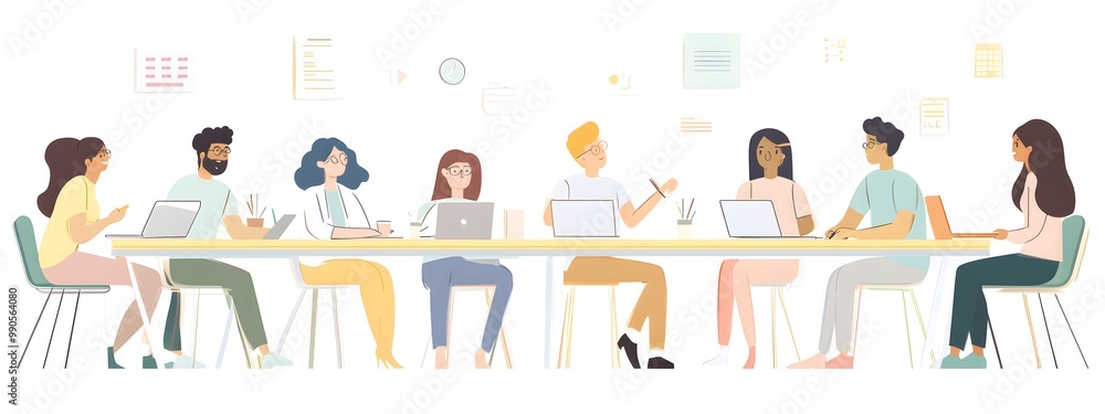 Cartoon-style flat illustration of a group of people working together in an office, sitting at a long table with laptops and papers on it Cartoon-style flat illustration of a group of people working together in an office, sitting at a long table with laptops and papers on it