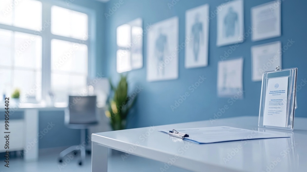 A modern office space with a desk, documents, and medical charts on the wall. A modern office space with a desk, documents, and medical charts on the wall.
