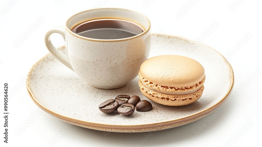 Macaroons and cup of coffee on a plate on a white background Macaroons and cup of coffee on a plate on a white background