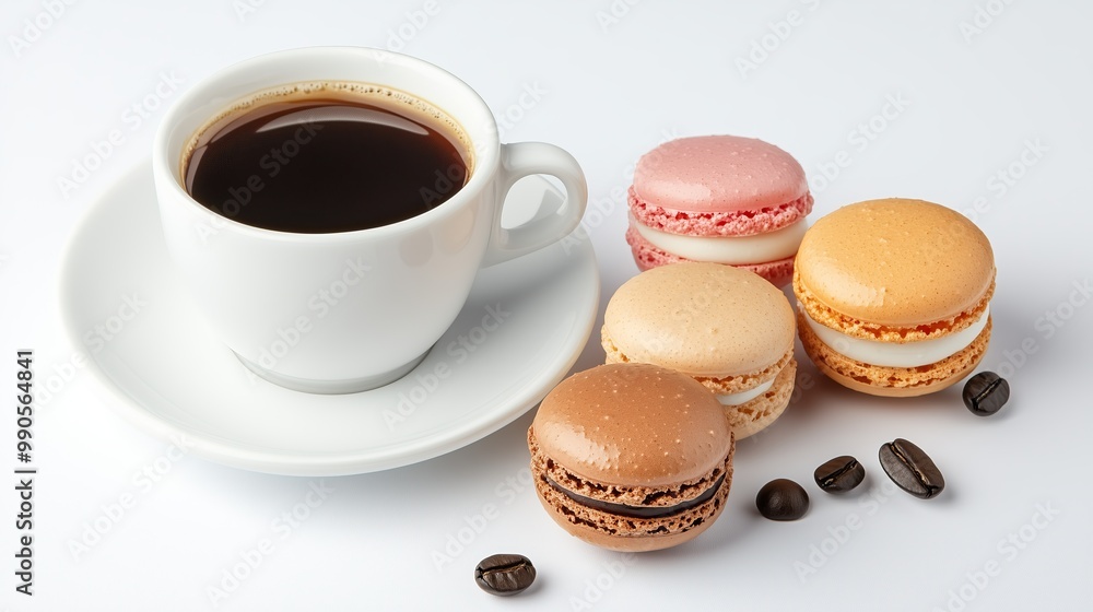 Macaroons and cup of coffee on a plate on a white background Macaroons and cup of coffee on a plate on a white background