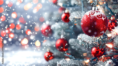 A Christmas tree with red and white ornaments and a red ball