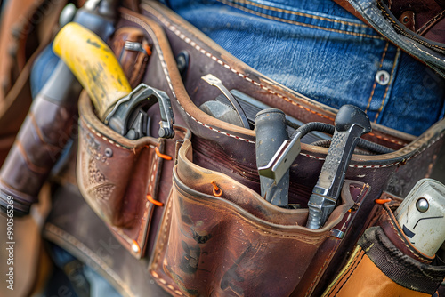 A close-up view of a carpenter tool belt packed with essential tools for furniture repair, highlighting craftsmanship and hands-on work