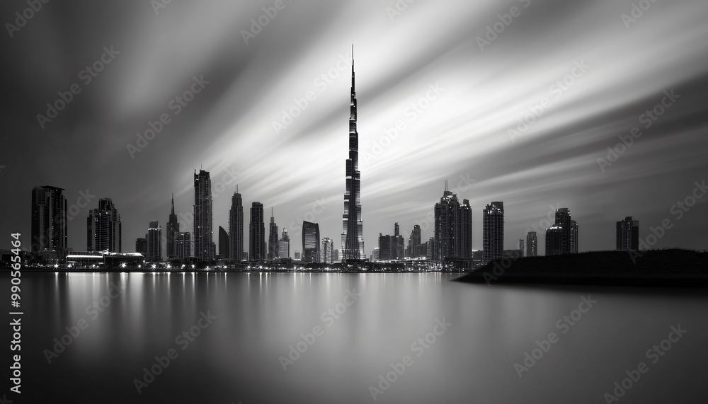 Obraz premium A black-and-white photo of a famous city skyline or iconic landmark, evoking a timeless, classic look