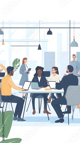 Cartoon-style flat illustration of a group of people working together in an office, sitting at a long table with laptops and papers on it