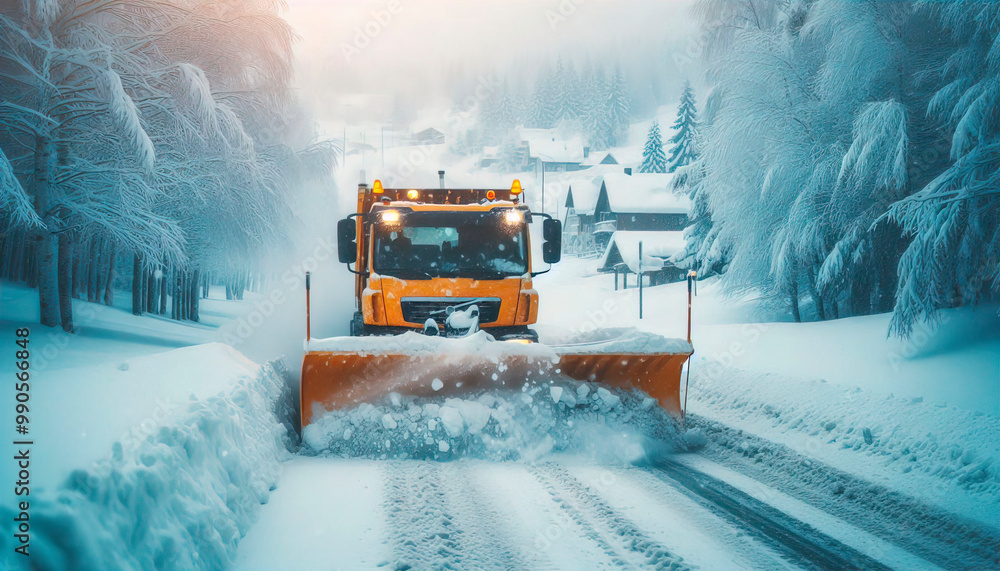 A snowplough working to remove snow from a road after a winter storm. Winter road clearing A snowplough working to remove snow from a road after a winter storm. Winter road clearing