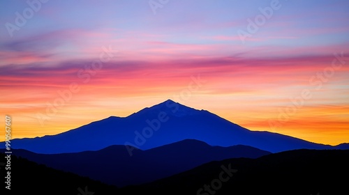 A majestic mountain peak silhouetted against a vibrant, colorful sunset sky.