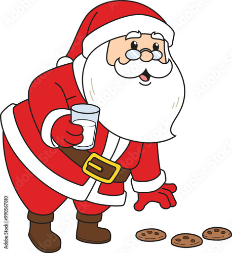 Cartoon santa claus picking up cookies from the floor vector illustration