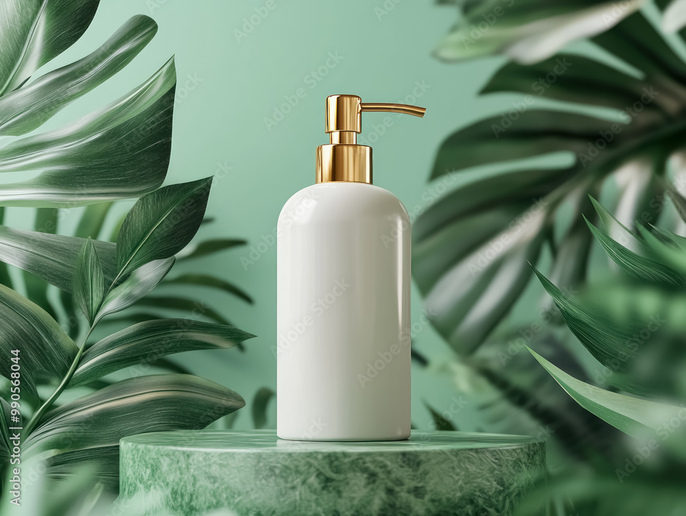 elegant white soap dispenser with gold details surrounded by lush green leaves elegant white soap dispenser with gold details surrounded by lush green leaves