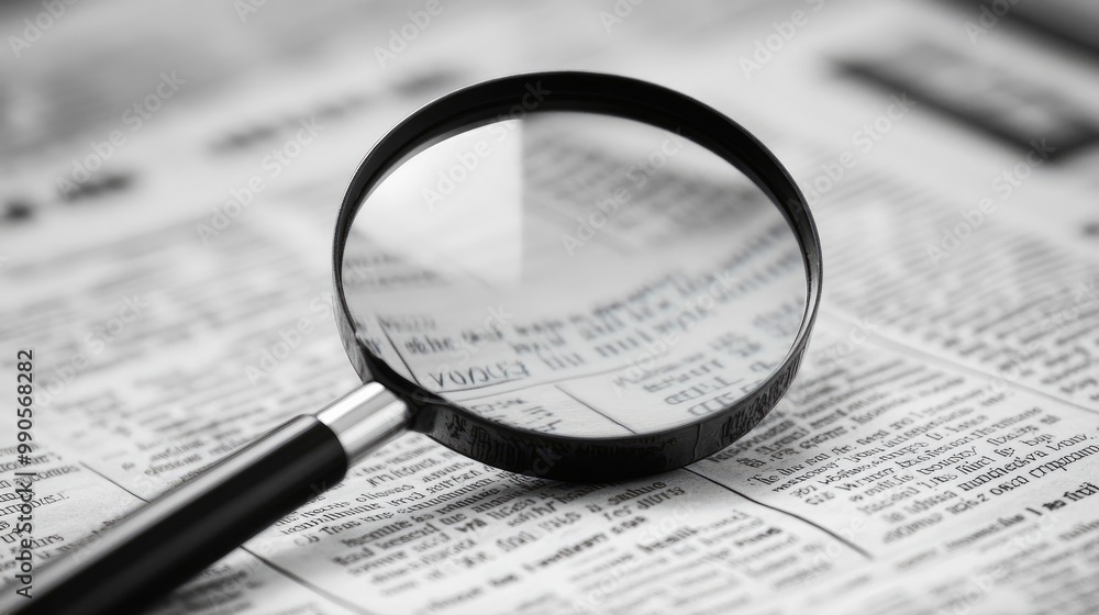 An open newspaper is the subject of a magnifying glass.