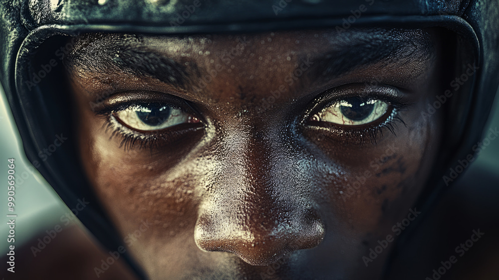 Close-up of a focused young male boxer wearing headgear. Close-up of a focused young male boxer wearing headgear.