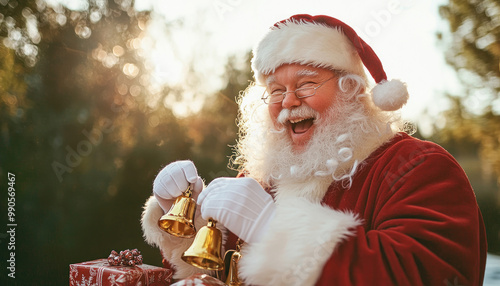 Santa claus laughing and ringing golden bells for christmas