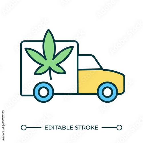 Cannabis products delivery RGB color icon. CBD products distribution. Delivery truck with marijuana leaf. Transportation. Isolated vector illustration. Simple filled line drawing. Editable stroke