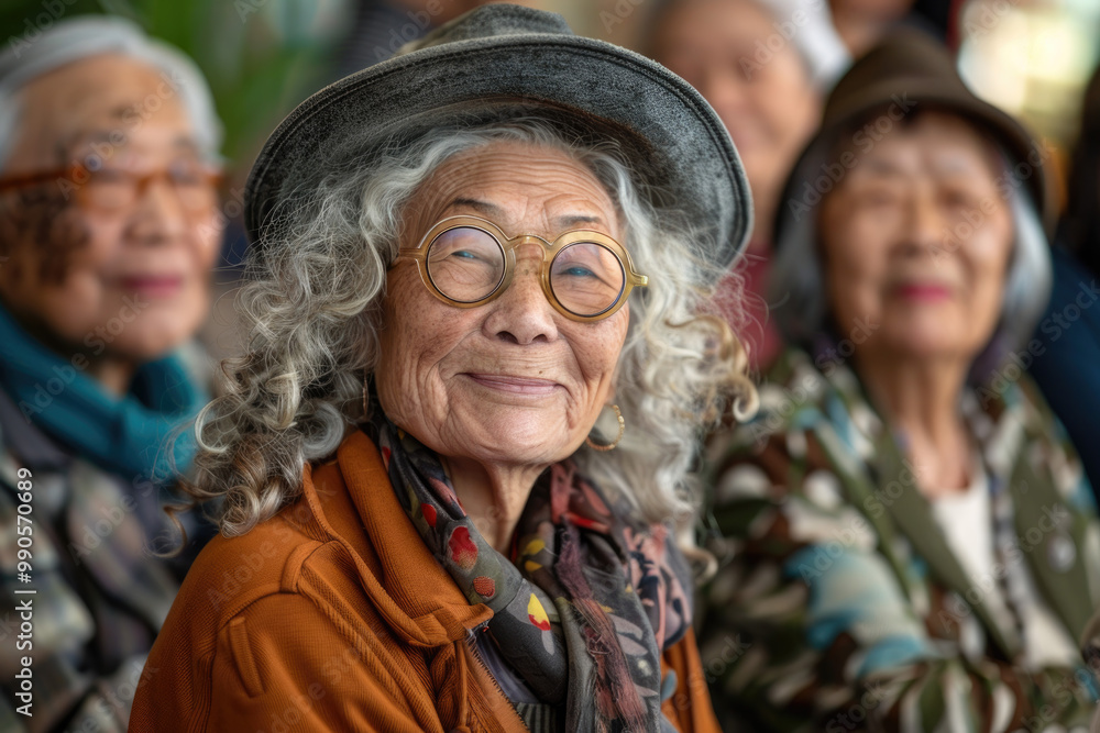 Group of Smiling Elderly Women Wearing Glasses and Hats in a Casual Setting Group of Smiling Elderly Women Wearing Glasses and Hats in a Casual Setting