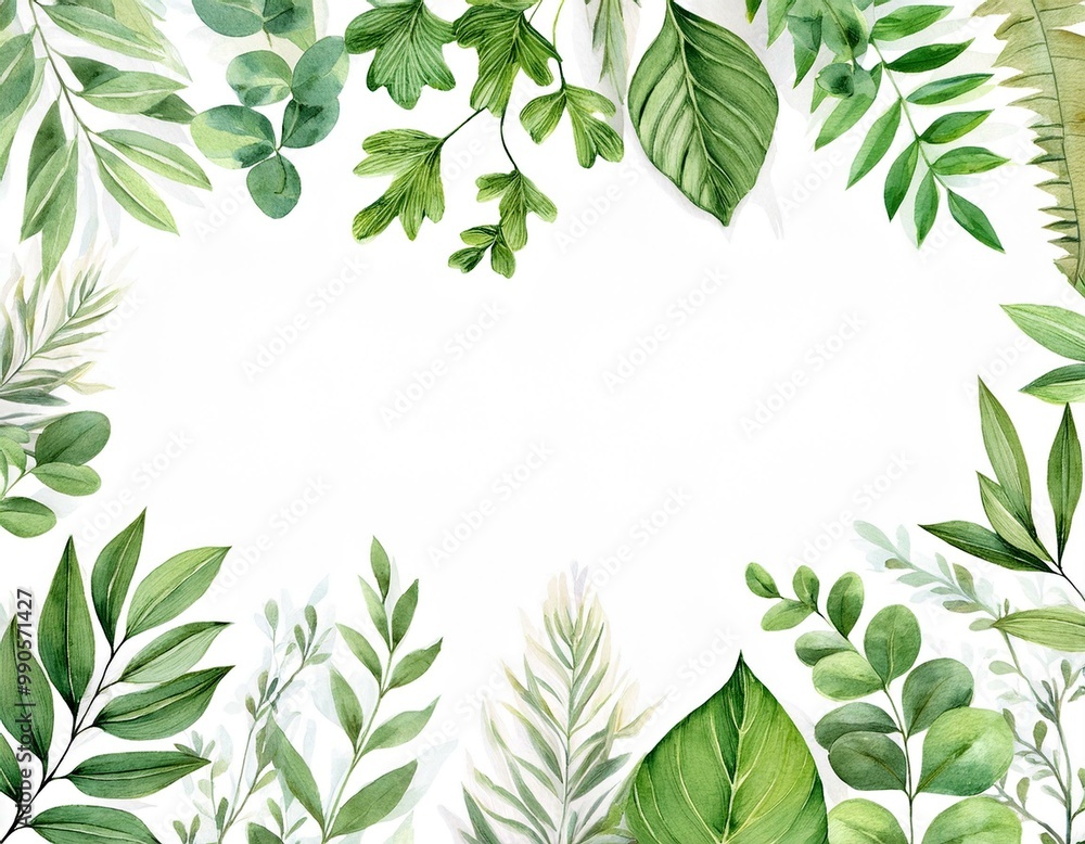 ฺBeautiful watercolor green leaf frame over white background - hand draw watercolor nature frame concept ฺBeautiful watercolor green leaf frame over white background - hand draw watercolor nature frame concept