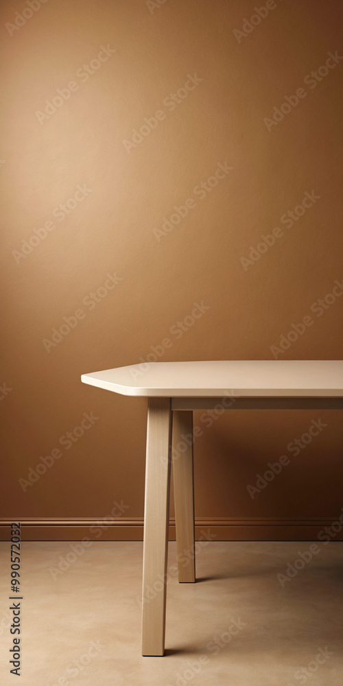 A simple beige wooden table against a matching beige wall, creating a clean and minimalistic backdrop. The neutral tones emphasize simplicity and elegance. A simple beige wooden table against a matching beige wall, creating a clean and minimalistic backdrop. The neutral tones emphasize simplicity and elegance.