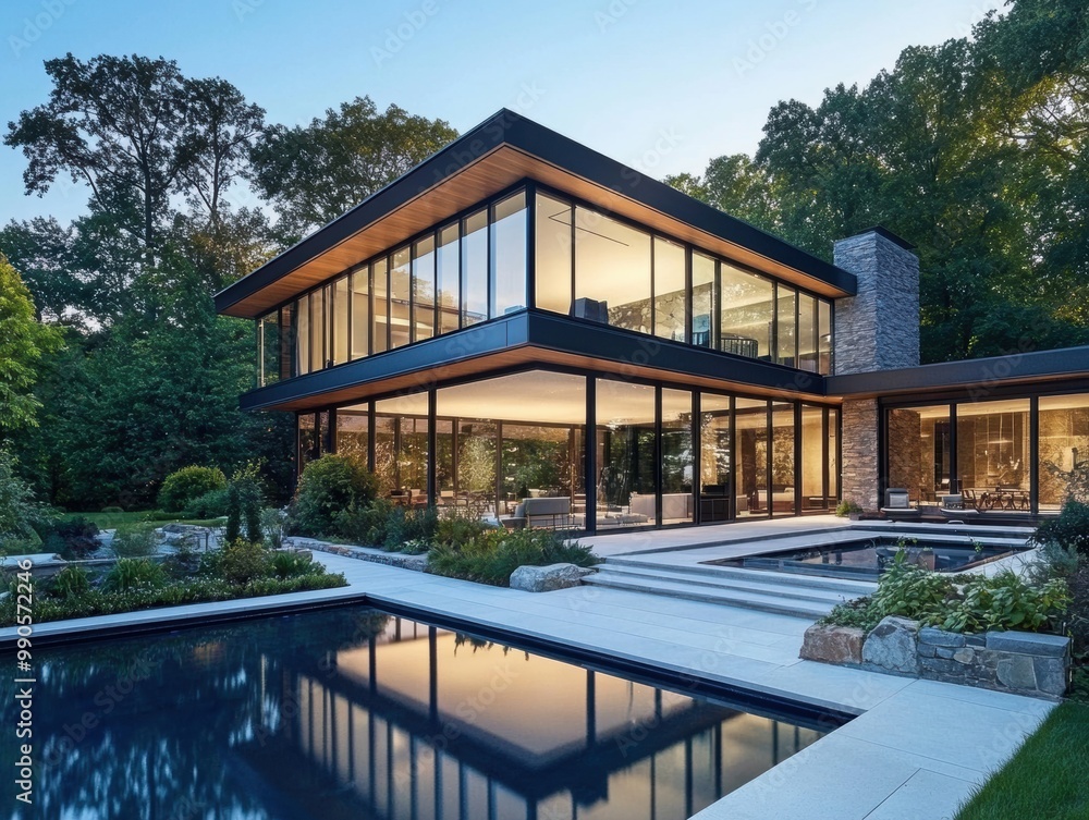 A modern home featuring large glass windows, surrounded by lush landscaping and a tranquil pool, blending elegance with nature. A modern home featuring large glass windows, surrounded by lush landscaping and a tranquil pool, blending elegance with nature.