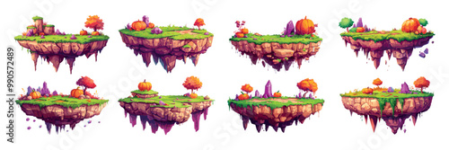 Flying islands cartoon vector concepts. Rocks boulder mountain soaring stone crystals grass pumpkin trees floating platforms arcade game assets magic universe landscapes illustrations
