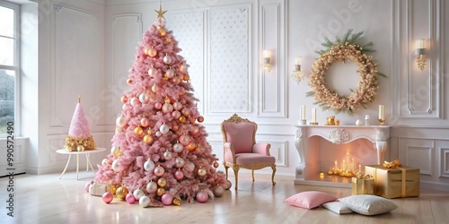 Elegant pink christmas tree with festive decorations in a luxurious living room setting