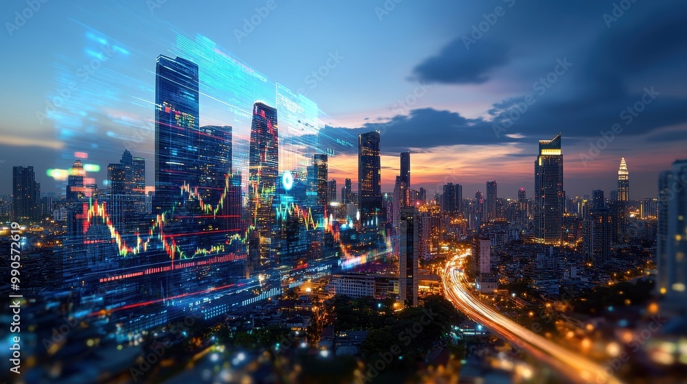 Fototapeta premium Graph of GDP growth over a vibrant city skyline, illustrating economic prosperity,