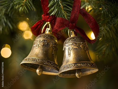 Christmas bells with a ribbon tied to them.


