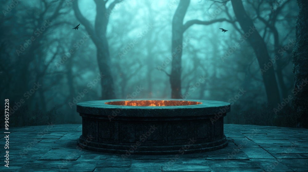 Mysterious stone altar surrounded by foggy forest at night. Mysterious stone altar surrounded by foggy forest at night.
